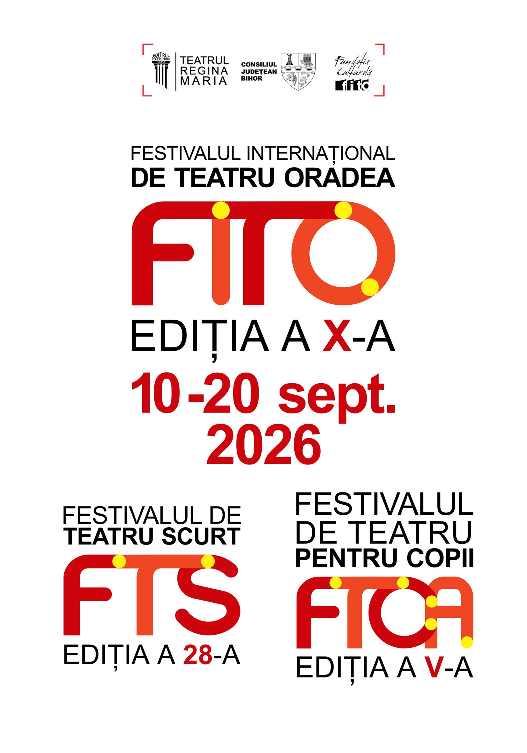 Festival poster for FITO: International Theater Festival of Oradea, featuring a bold red 'FITO' logo and dates September 10–20, 2026.