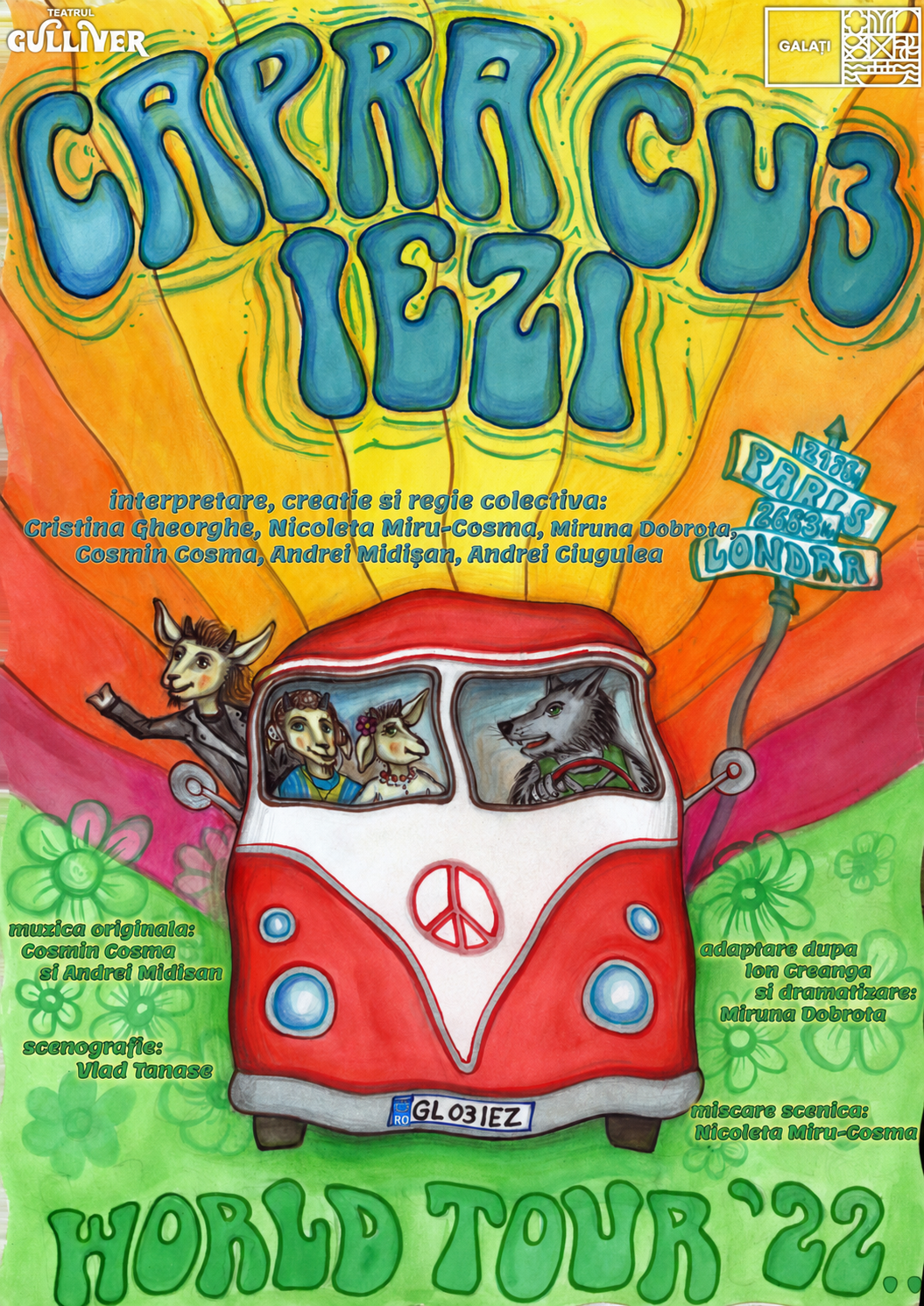 Bright psychedelic poster advertising a children's theatre show World Tour ’22, featuring a red VW-style van with a peace sign driving animal characters against a radiant yellow-orange background.