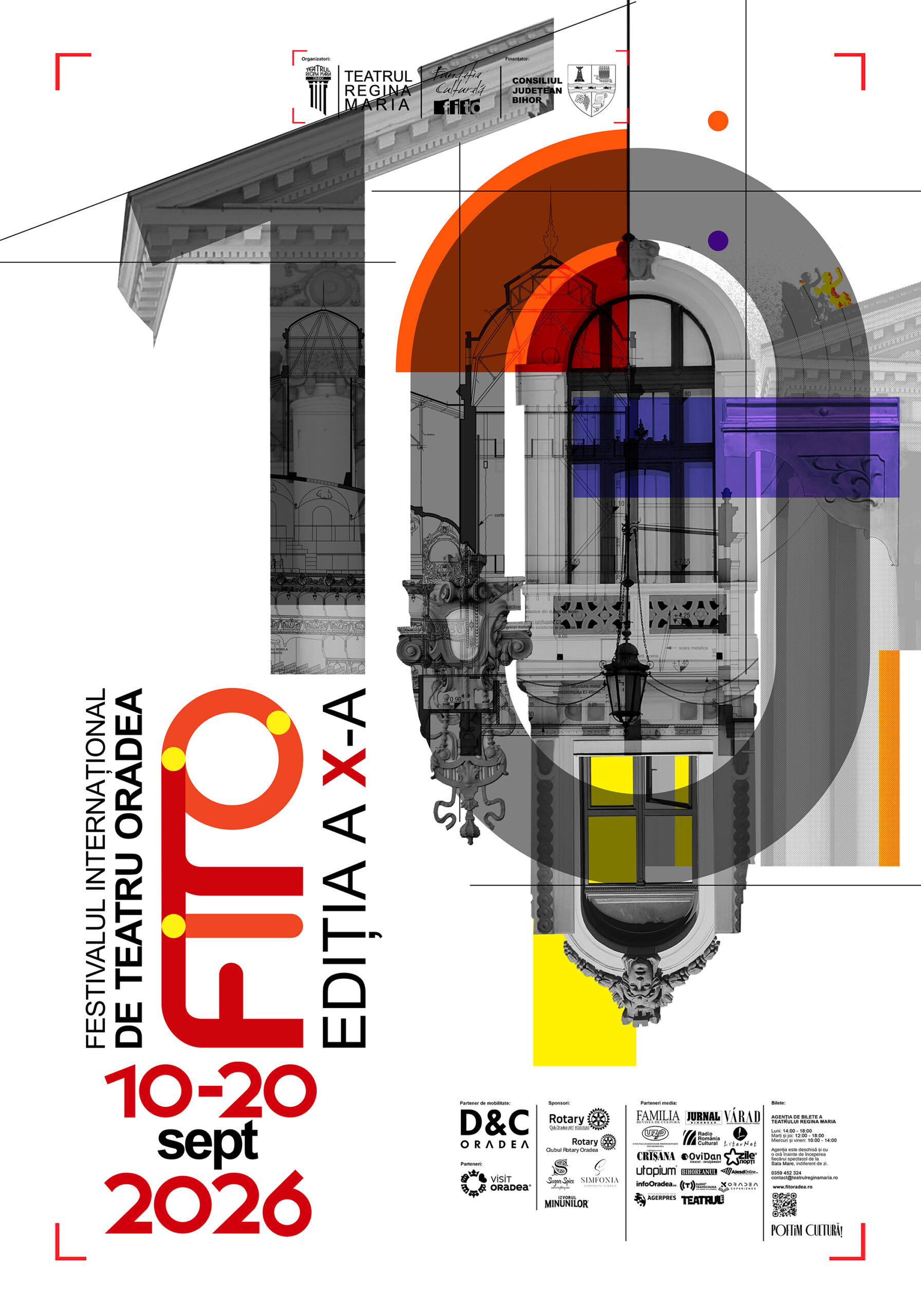 Poster for the International Theatre Festival in Oradea, Sept 10–20, 2026, featuring architectural drawings, circular shapes, and sponsor logos.